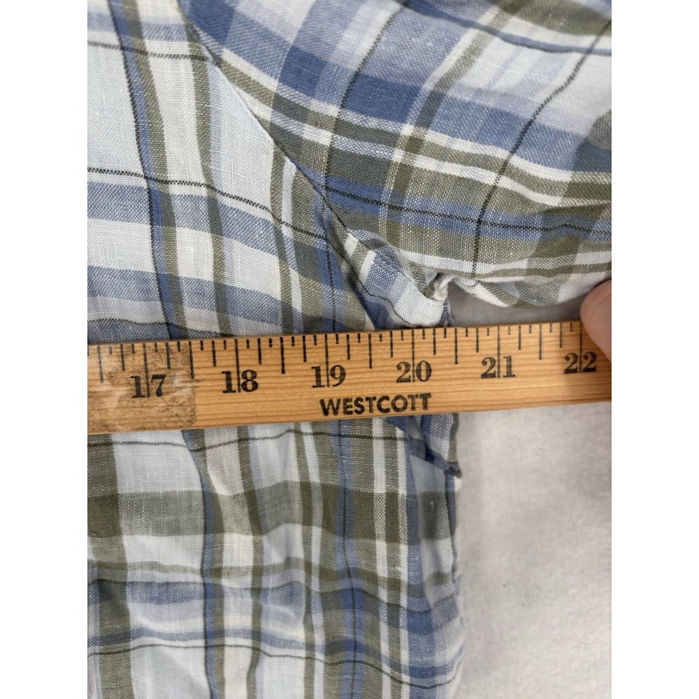 J Jill Love Linen Button Up Plaid Popover Tunic Shirt L 💯 Linen Roll Tab Sleeve - Picture 9 of 14